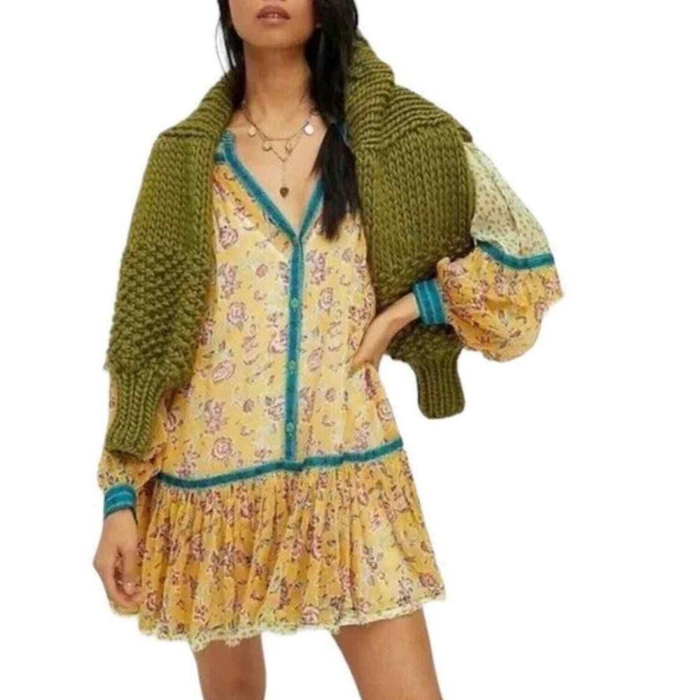 Free People Rosebud Print Mix Bishop Long Sleeve Oversize‎ Dress Size M